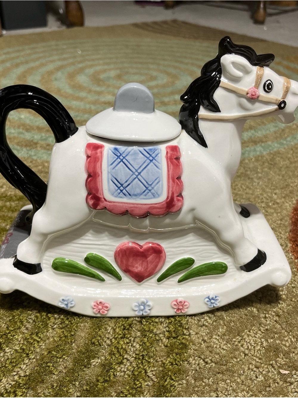 White Ceramic Rocking Horse Teapot with Pink Accents